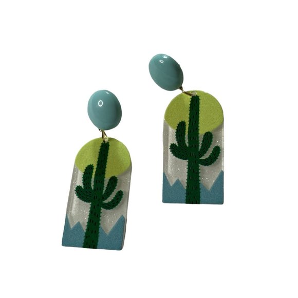 Trendy Acrylic Dessert Cactus Dangle Drop Statement Earrings - Picture 2 of 7